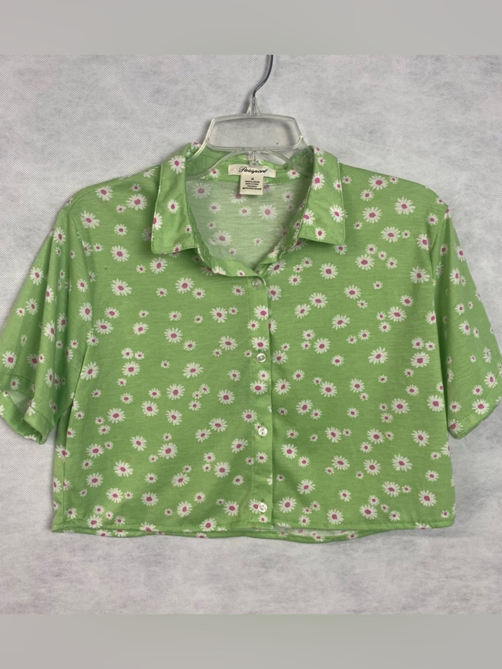Passport Floral Button Down Crop Top Women Sz Medium Green White Pink Bloomcore